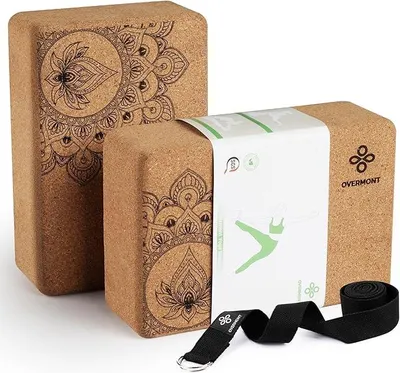 Produktbild von PolkaHome® Yogablöcke aus Kork, 2er-Set mit Yogagurt, 23 x 15 x 7,6 cm, für Yoga, Pilates, Fitness und Stretching