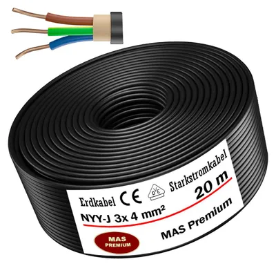 Obrázok produktu pre Uzemňovací kábel napájací kábel 20 m NYY-J 3x4 mm² elektrický kábel