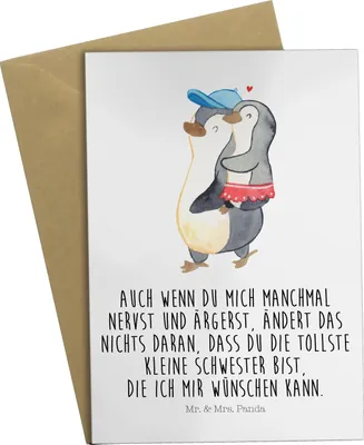 Produktbild von Mr. & Mrs. Panda babykarte Pinguin Kleine Schwester - Weiß - Geschenk, osterkarte, hochzeitskarten, Schwesterherz, Geschwisterliebe, Sister, weihnachtskarten, osterkarten