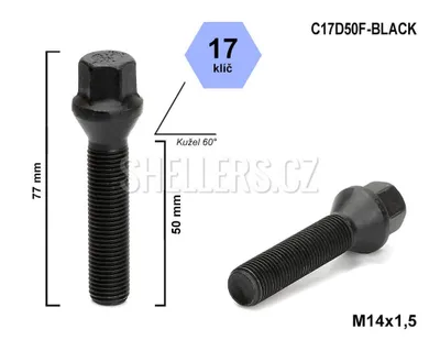 Obrázok produktu pre Skrutka kolesa M14x1,5x50 s kužeľom, kľúč 17, C17D50F-Black, čierna, výška 77 mm