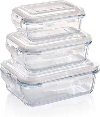 Produktbild von Gläserne Verschlussbehälter-Set aus 3 - Rechteckige Backofenbehälter mit Dichtungen - Luft- und Flüssigkeitsdichte Behälter für Lebensmittel-Lagerung