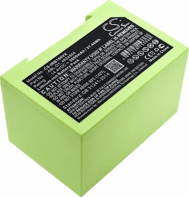 A close-up, slightly angled view of a green lithium-ion battery pack with a black label containing product information and warnings.