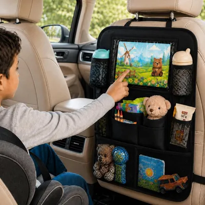 Productafbeelding van Auto-organizer voor de achterbank met tablet houder voor kinderen, gemaakt van 600D polyester, krasbestendig en waterdicht