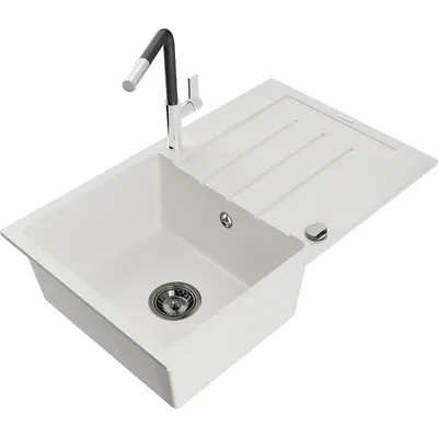 Obrázek produktu pro Mexen Bruno 1-miskový granitový dřez s odkapávačem a kuchyňskou baterií Flora, Bílá - 6513-20-670401-07-B