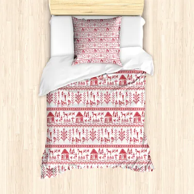 Produktbild von ABAKUHAUS Rot und weiß Mantele, Primitive Zeichnung, Milbensicher Allergiker geeignet mit Kissenbezügen, 135 cm x 200 cm - 80 x 80 cm, weiß Rot