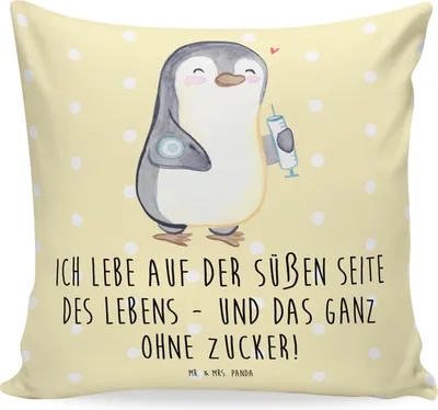 Produktbild von Mr. & Mrs. Panda zierkissen 40x40 Pinguin Diabetes - Gelb Pastell - Geschenk, kuschelkissen, Zuckerkrankheit, kissen bedruckt, Sofa, Mellitus, Dekokissen, für