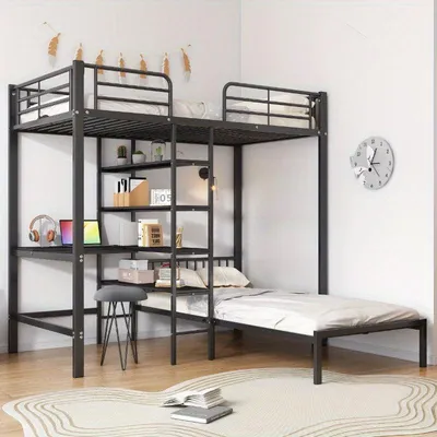 Image de Lit superposé avec bureau et espace de rangement – Structure en métal – 90x200 cm – Noir
