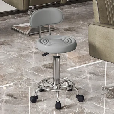 Produktbild von Rollhocker höhenverstellbar mit Rückenlehne, Drehhocker Friseurstuhl Schminkstuhl, Kunstleder Stahl, Grau | 40 x 32 x 86 cm | Gaslift | Rollen
