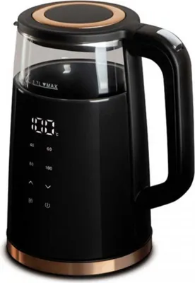 A black electric kettle with a glass body and copper accents, displayed on a white background. The kettle has a digital display showing '100' degrees Celsius.