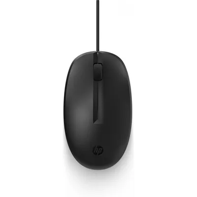 A black HP wired mouse is shown from a top-down view against a white background.