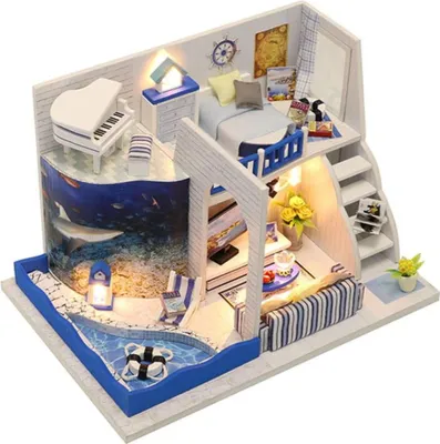 Image de Habarri | Maison Miniature - DIY Maison de Poupées - Maison en Bois avec Meubles et éclairage LED - Vacances Grecques Au Bord De La Mer