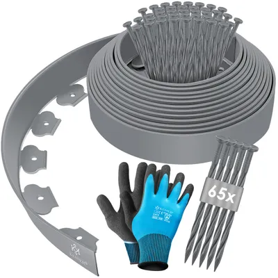 Immagine prodotto di KESSER® Bordo flessibile per prato in plastica, lunghezza 10 m, altezza 5 cm, con 50 picchetti di fissaggio + guanti; bordura per aiuole, delimitazione per aiuole, bordo per falciatura, pietre da pavimentazione, palizzata