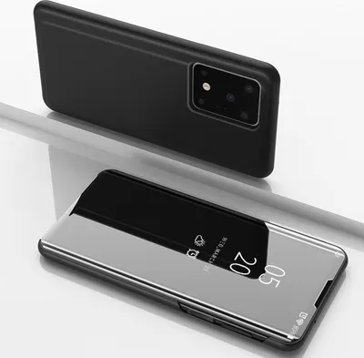 A black smartphone case with a clear view front cover is displayed on a reflective surface.