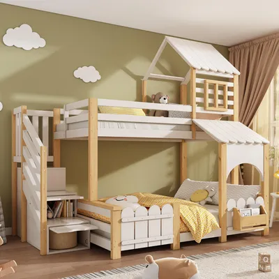 Image de Lit superposé 90x200/140x200 cm, lit en cabane avec escalier de rangement, toit, barrière de sécurité, étagère à livres, barrière de protection et sommier à lattes, blanc/naturel