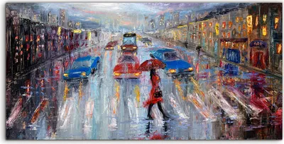 Produktbild von Coloray Glasbild 140x70  Wandbild Glasbilder Stadt Regen Straße Regenschirm