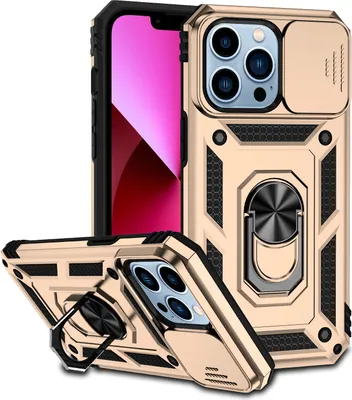 Image de Étui pour iPhone 12 Pro Max étui double couche avec couvercle coulissant pour appareil photo et anneau de support Or