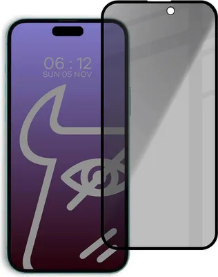 Produktbild von Bizon Glass Edge Shadow Privacy Tempered Glass für iPhone 15 Plus, getönt mit schwarzem Rahmen