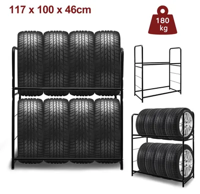 Zdjęcie produktu dla Stojak na opony Peviasot, przeznaczony do przechowywania do 8 opon, o udźwigu do 180 kg, dla opon o szerokości do 240 mm, z 3-stopniową regulacją wysokości, wyposażony w osłonę ochronną