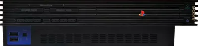 A black Sony PlayStation 2 console is shown from the front.
