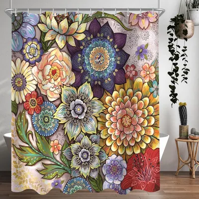 Immagine prodotto di Tenda da doccia 240x200 cm, motivo floreale bohémien, tessuto idrorepellente, lavabile, in poliestere, con 16 occhielli e anelli