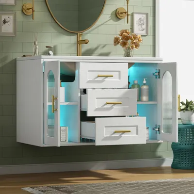 Produktbild von Flieks Wandmontierter Badezimmerschrank mit Waschbecken, Waschtisch mit Glastür, LED-Beleuchtung, Unterschrank, ohne Wasserhahn, Weiß