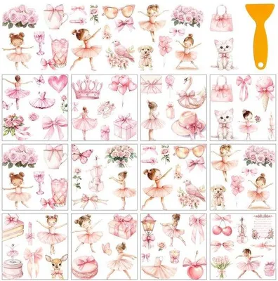 Productafbeelding van Sticker set voor kinderkamer, 12 stuks - Roze ballerina - Wanddecoratie - Met reinigingsborsteltje - 5,5 x 5,5 cm