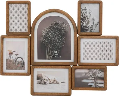 A collage of seven framed pictures, arranged in a multi-frame unit. The frames are made of wood and have a rustic appearance. The images within the frames include a patterned design, a bicycle, a cat, dried flowers, and foliage.