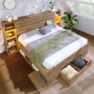 A bedroom scene featuring a wooden double bed with integrated storage and lighting.