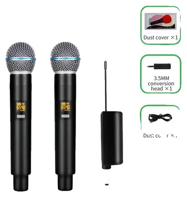Immagine prodotto di Microfono wireless, design portatile, sistema a due canali, risposta in frequenza da 20Hz a 20kHz, microfono dinamico, funzione di riduzione del rumore