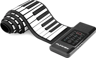 A black and white roll-up keyboard and its control module are displayed on a white background.
