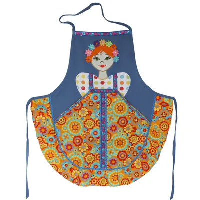 Produktbild von Schürze Matroschka  Damen Kochschürze mit Blumenkranz und Schleife gesticktes Gesicht  Patchwork Blau-Gelb