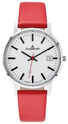 Produktbild von DUGENA Damen-Armbanduhr Moma 4461207, QuarzAnalog, weißesZifferblatt, Edelstahlgehäuse silber, gehärtetes Mineralglas, rotes Lederband, Dornschließe, 3 bar