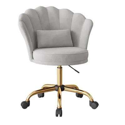 A light gray office chair with a scalloped back and a small pillow, on a gold base with wheels, isolated on a white background.