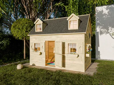 Produktbild von Prestige Garden Braun 240 x 170 x 155 cm Spielhaus Barcelona, Kesseldruckimprägniertes Kiefernholz, Mit Schlafboden Und Treppe, Zweigeteilte Tür, Sechs Fenster, Inklusive Fußboden, Dekorativer Schornstein