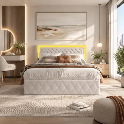 Produktbild von INONEFT Hydraulisches Polsterbett 140x200 cm mit LED Beleuchtung, Jugendbett mit Höhenverstellbares Kopfteil, Bettgestell mit Lattenrost, Samt Beige, KI-generiertes Bild
