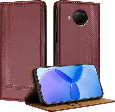 Produktbild von Handyhülle für Xiaomi Redmi Note 9 Pro Leder Flip Klappbare Schutzhülle mit Standfunktion Dunkelrot