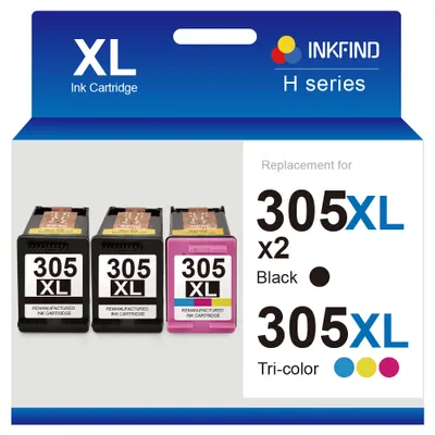 The image shows the packaging of ink cartridges, with three cartridges displayed in front of the box.