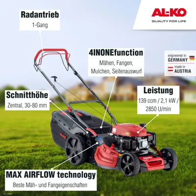 Produktbild von AL-KO Benzin-Rasenmäher Comfort 51.0 SP-A (51 cm Schnittbreite, 2.1 kW Motorleistung, Robustes Stahlblechgehäuse, Hinterradantrieb, Mulchfunktion, Seitenauswurf, für Rasenflächen bis 1800 m²)