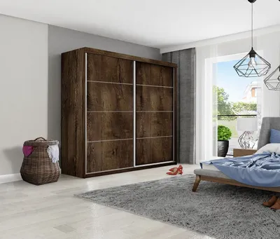 Produktbild von KIER FURNITURE Kleiderschrank mit Schiebetüren TOP PLUS , Schlafzimmer Schrank, Garderobeschrank, Flurschrank Esche Dunkel 200x200x62 cm