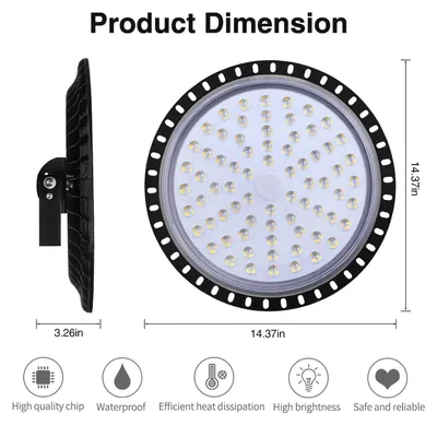 Obrázek produktu pro LED průmyslové osvětlení UFO – 300W – pro průmyslové haly – 30 000 lm – IP55 (vodotěsné) – 6500K (studená bílá) – 220V – stropní svítidlo pro dílnu a garáž