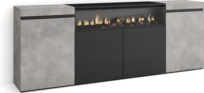 Produktbild von Sideboard, Highboard, 200x35x75cm, 4 Türen, Elektrokamin. farbe Zementgrau und Schwarz