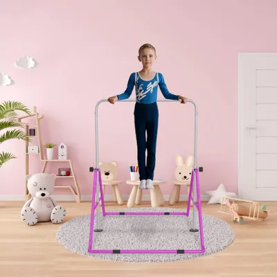 Produktbild von YZNAHRE Reckstange Indoor für Zuhause mit 2 Gymnastikringe Faltbare Turnreck Reckstange Höhenverstellbar 91-133 cm Gymnastikstange für Kinder, Dunkelviolett