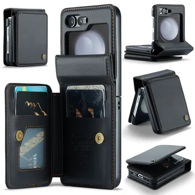 Immagine prodotto di Custodia in pelle per Samsung Galaxy Z Flip 5, portafoglio con portacarte, cover con supporto flip nero