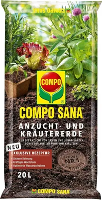 A bag of COMPO SANA Anzucht- und Kräutererde (seedling and herb soil).