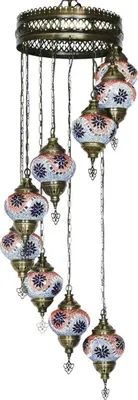 Immagine prodotto di Lampada a sospensione Mosaico Orientale Rosso/Blu, altezza 115 cm, larghezza 30 cm, 9 sfere da 13,5 cm, attacco E14
