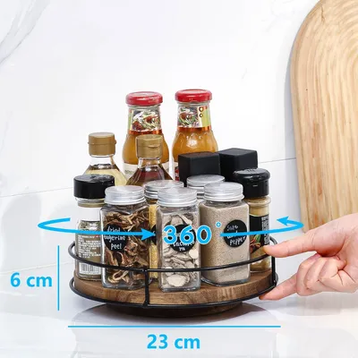 Produktbild von Drehbares Tablett für Küchenschrank - 360° Schwenkbarer Gewürzhalter (23 cm Holzfarbe)