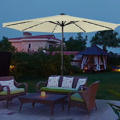 Produktbild von LZQ Ø350cm ALU Sonnenschirm Gartenschirm Terrassenschirm Marktschirm Ampelschirm Strandschirm Kurbelschirm mit UV Schutz 40+, mit Solar LED für Balkon, Garten, Terrasse,Beige