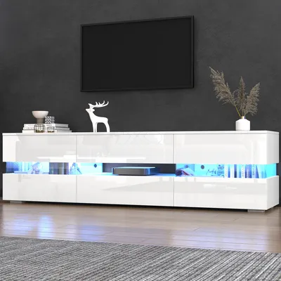 Image de OKWISH Meuble TV Moderne avec LED - 2 Portes et 1 Tiroir, Meuble de Salon Blanc avec Cadre en Bois, MDF, 160×39×45 cm