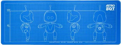 Blueprint-style image of Astro Bot from multiple angles on a grid background.