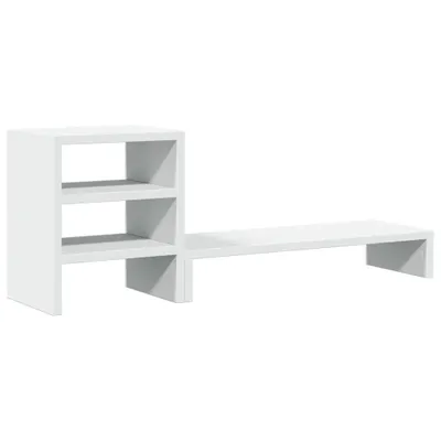 A white monitor stand with integrated desk organizer shelves, shown against a white background.